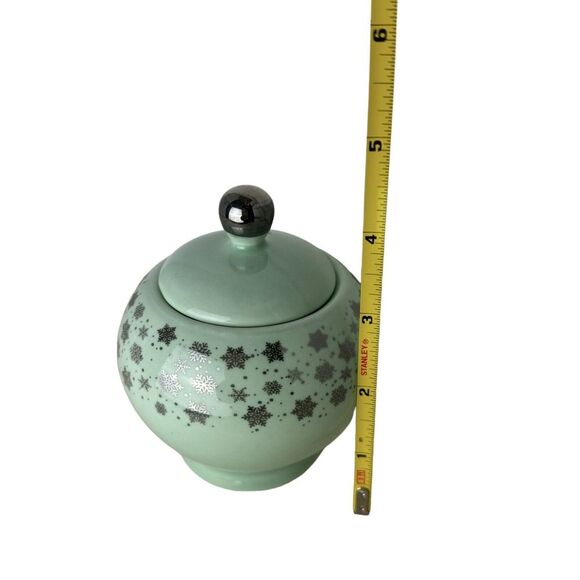 Ciroa Luxe Snowflake Mint Green & Silver Porcelain Sugar Bowl with Lid - Picture 4 of 4